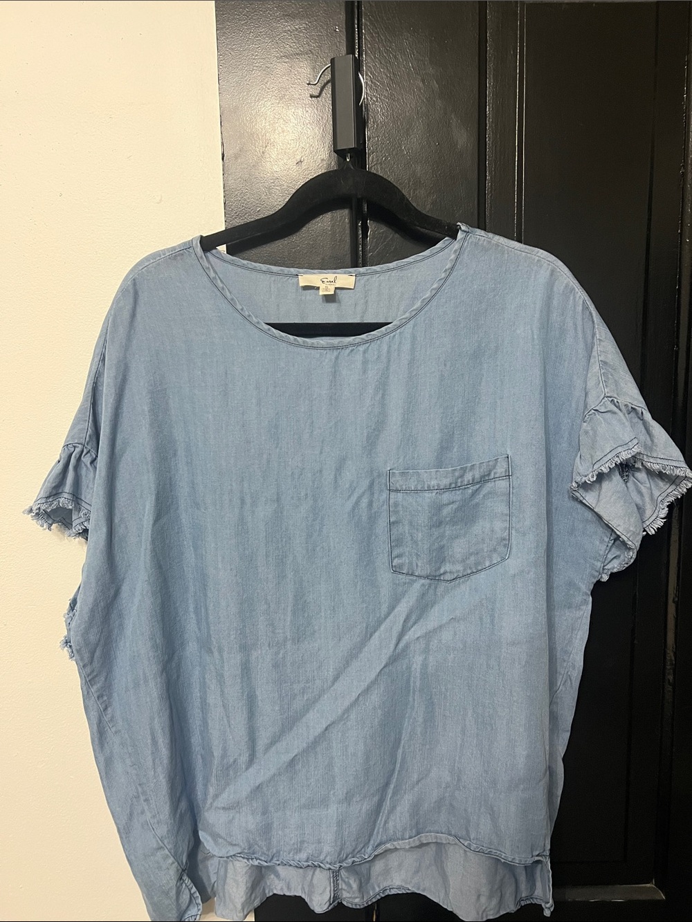 easel Light Blue Chambray Pocket Tee with Ruffle Sleeve Detail